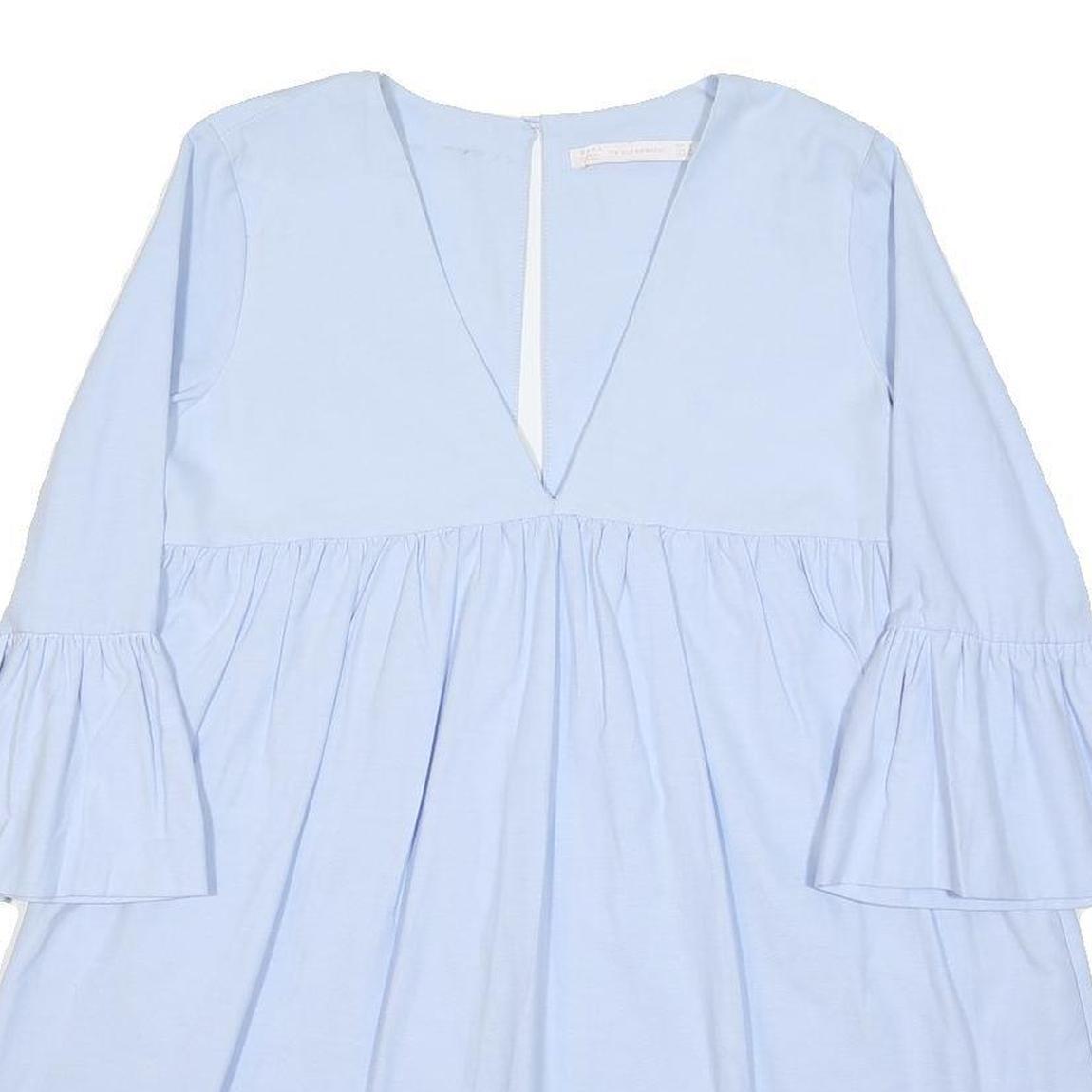 ZARA Womens Blue Cotton Blend Day Dress V-Neck Short Sleeve S Light Blue Casual