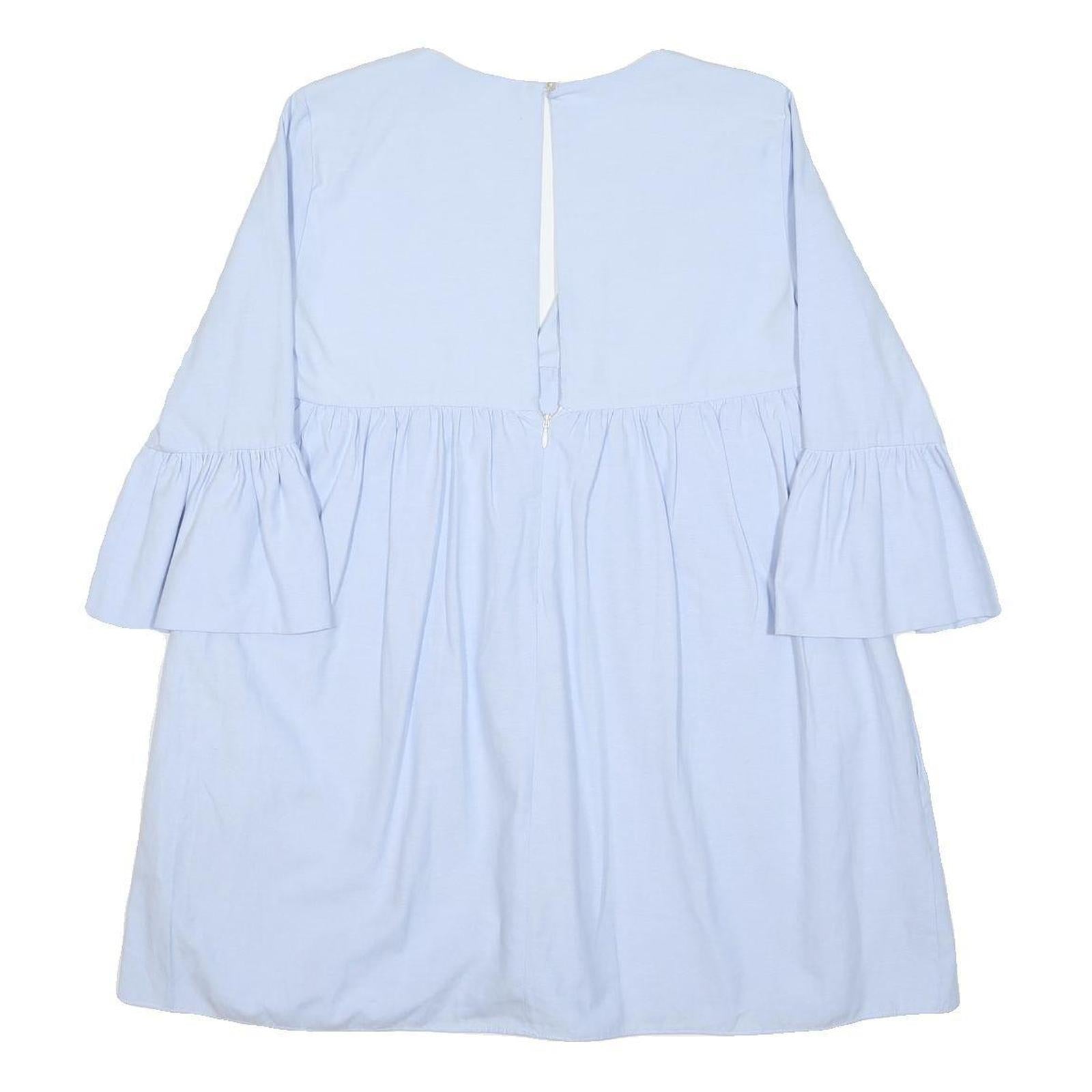 ZARA Womens Blue Cotton Blend Day Dress V-Neck Short Sleeve S Light Blue Casual