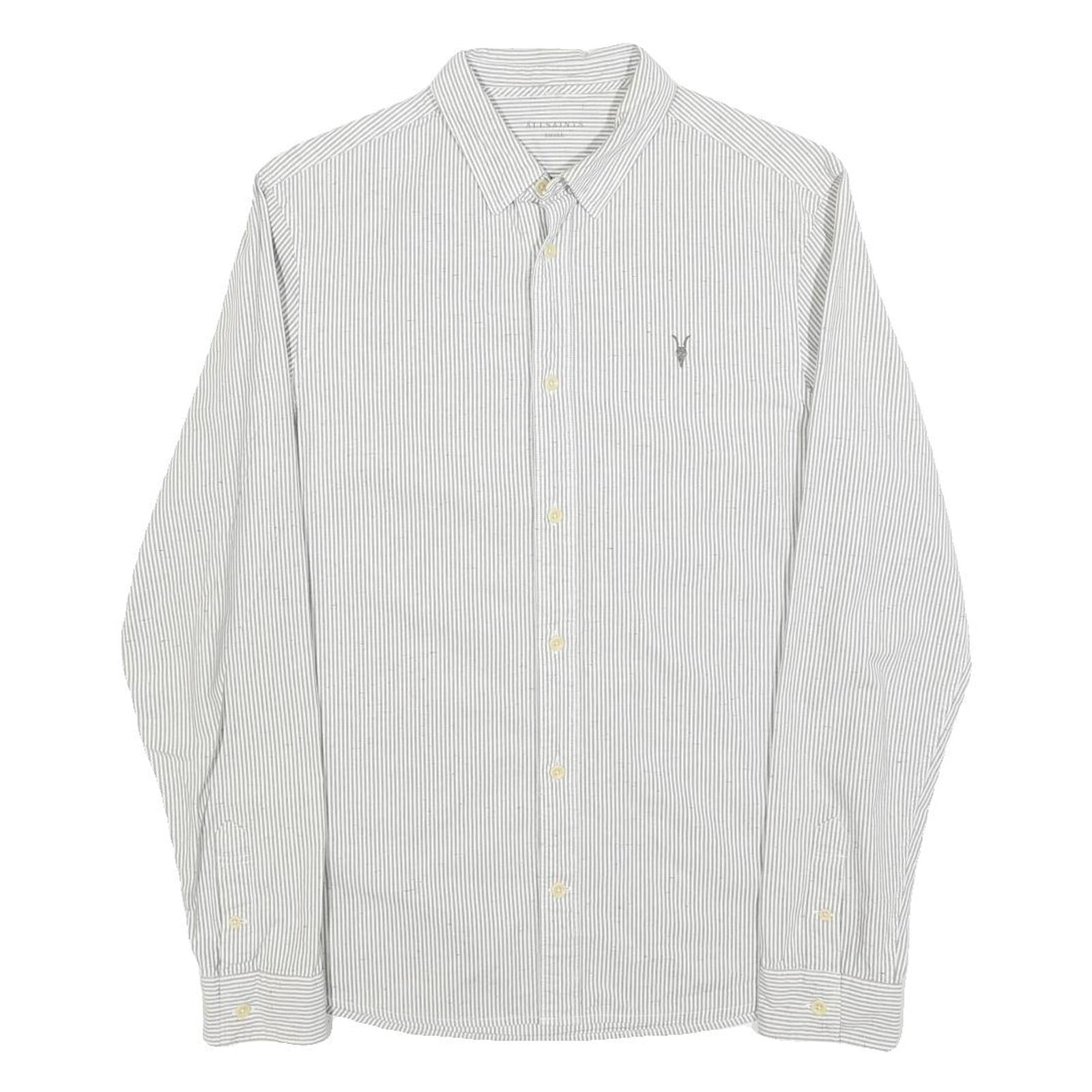 ALL SAINTS Mens White & Grey Striped Cotton Shirt S Slim Fit Casual Button Down