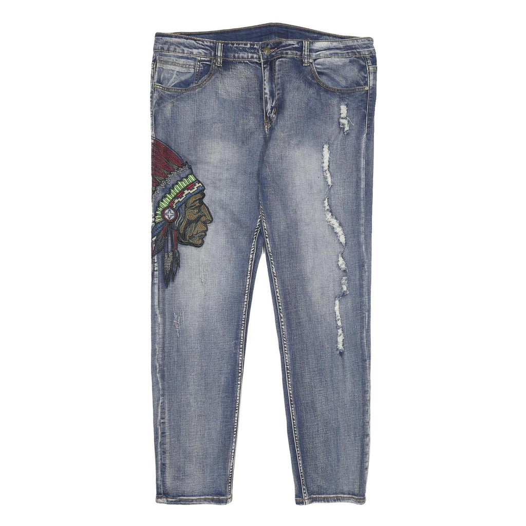 Mens Regular Fit Blue Denim Jeans W38 L32 Distressed Embroidered Design Zip