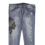 Mens Regular Fit Blue Denim Jeans W38 L32 Distressed Embroidered Design Zip