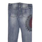 Mens Regular Fit Blue Denim Jeans W38 L32 Distressed Embroidered Design Zip