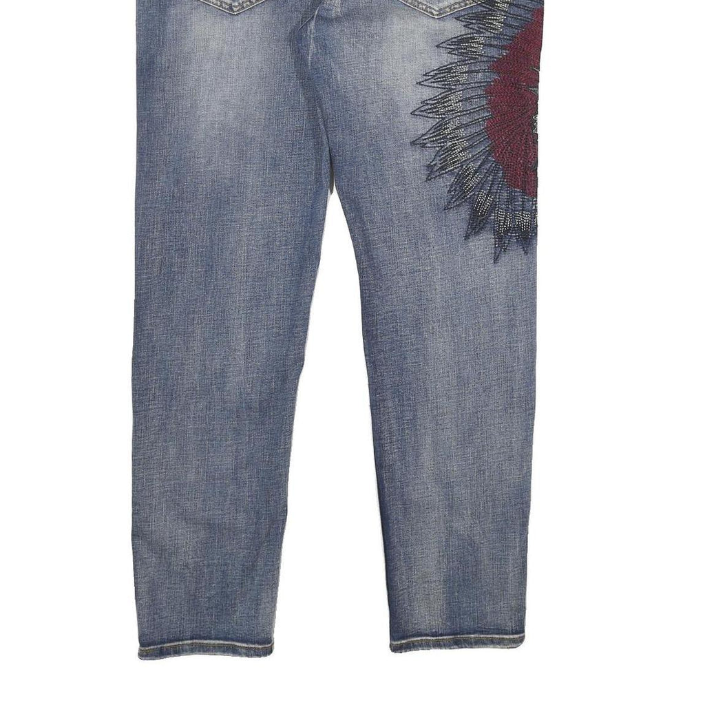 Mens Regular Fit Blue Denim Jeans W38 L32 Distressed Embroidered Design Zip