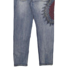 Mens Regular Fit Blue Denim Jeans W38 L32 Distressed Embroidered Design Zip