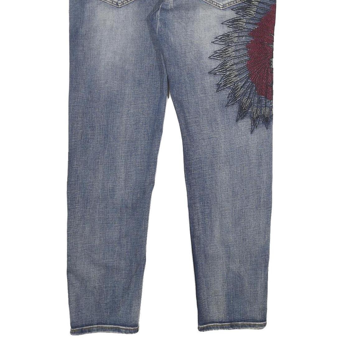 Mens Regular Fit Blue Denim Jeans W38 L32 Distressed Embroidered Design Zip