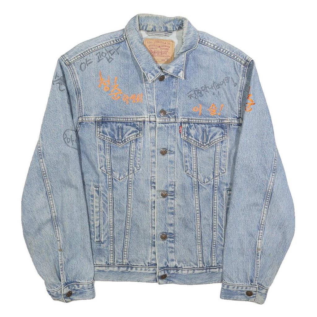 LEVI'S Mens Blue Cotton Denim Jacket M Button Plain Unique Embroidered Writing