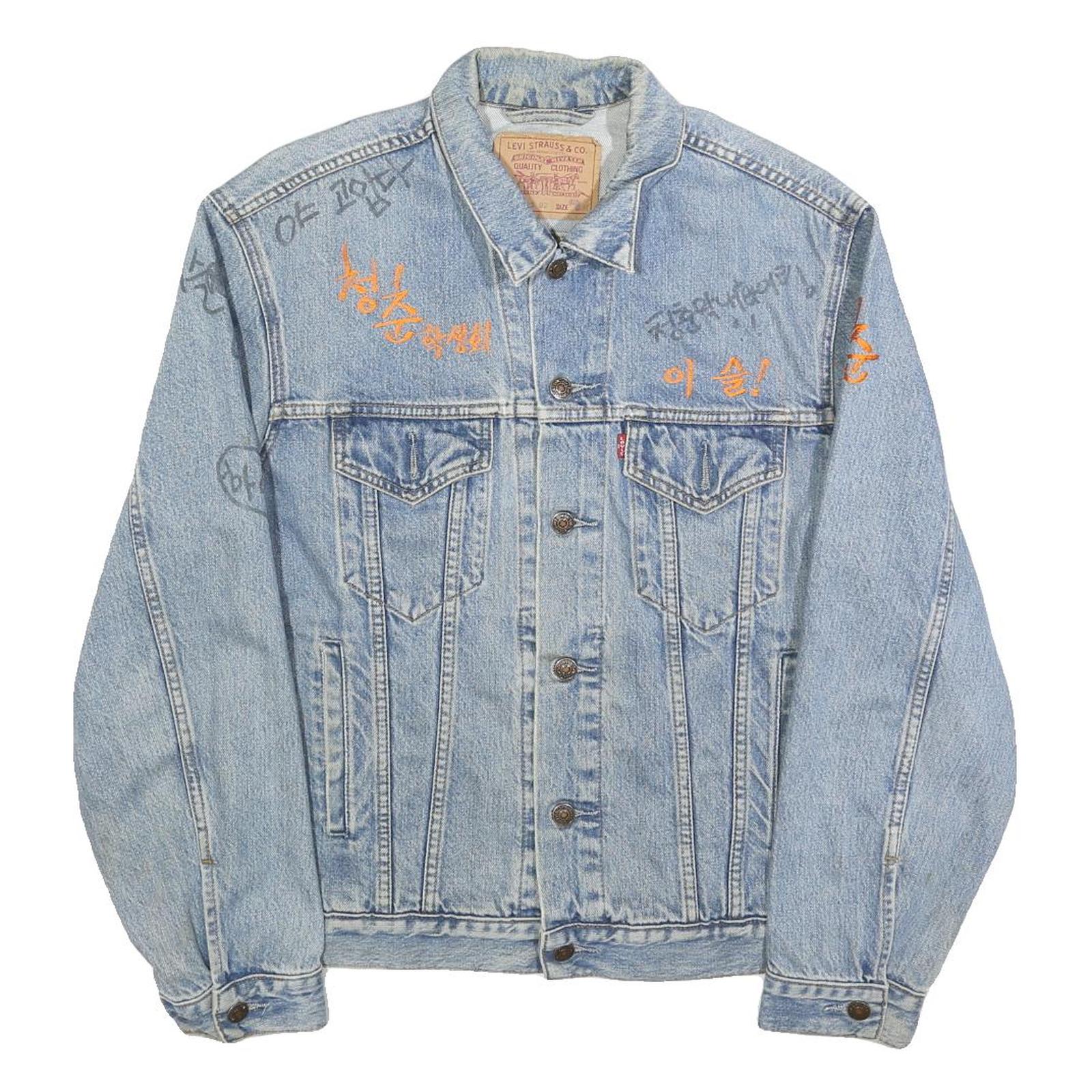 LEVI'S Mens Blue Cotton Denim Jacket M Button Plain Unique Embroidered Writing