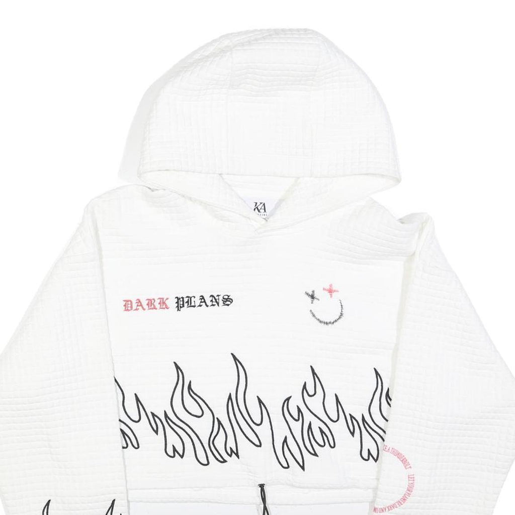 JK ATTIRE Womens White Hoodie XL Flame Print Cropped Drawstring