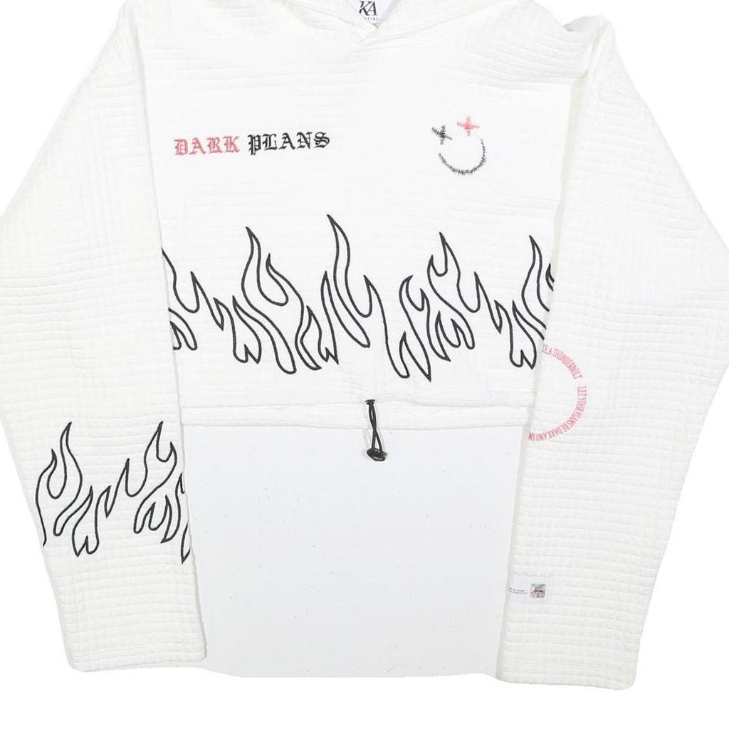 JK ATTIRE Womens White Hoodie XL Flame Print Cropped Drawstring
