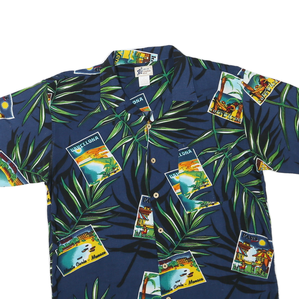 CHEROKEE Mens Blue Rayon Hawaiian Shirt M Tropical Postcard Print Summer