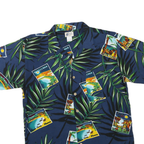 CHEROKEE Mens Blue Rayon Hawaiian Shirt M Tropical Postcard Print Summer