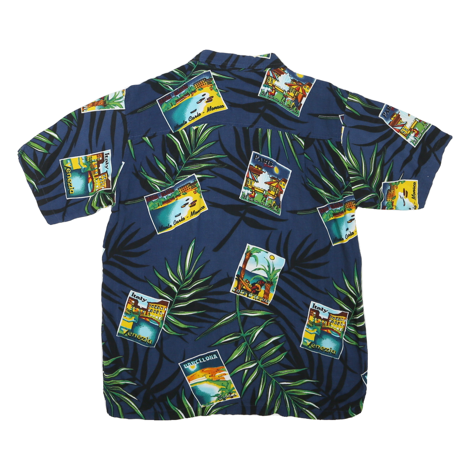 CHEROKEE Mens Blue Rayon Hawaiian Shirt M Tropical Postcard Print Summer