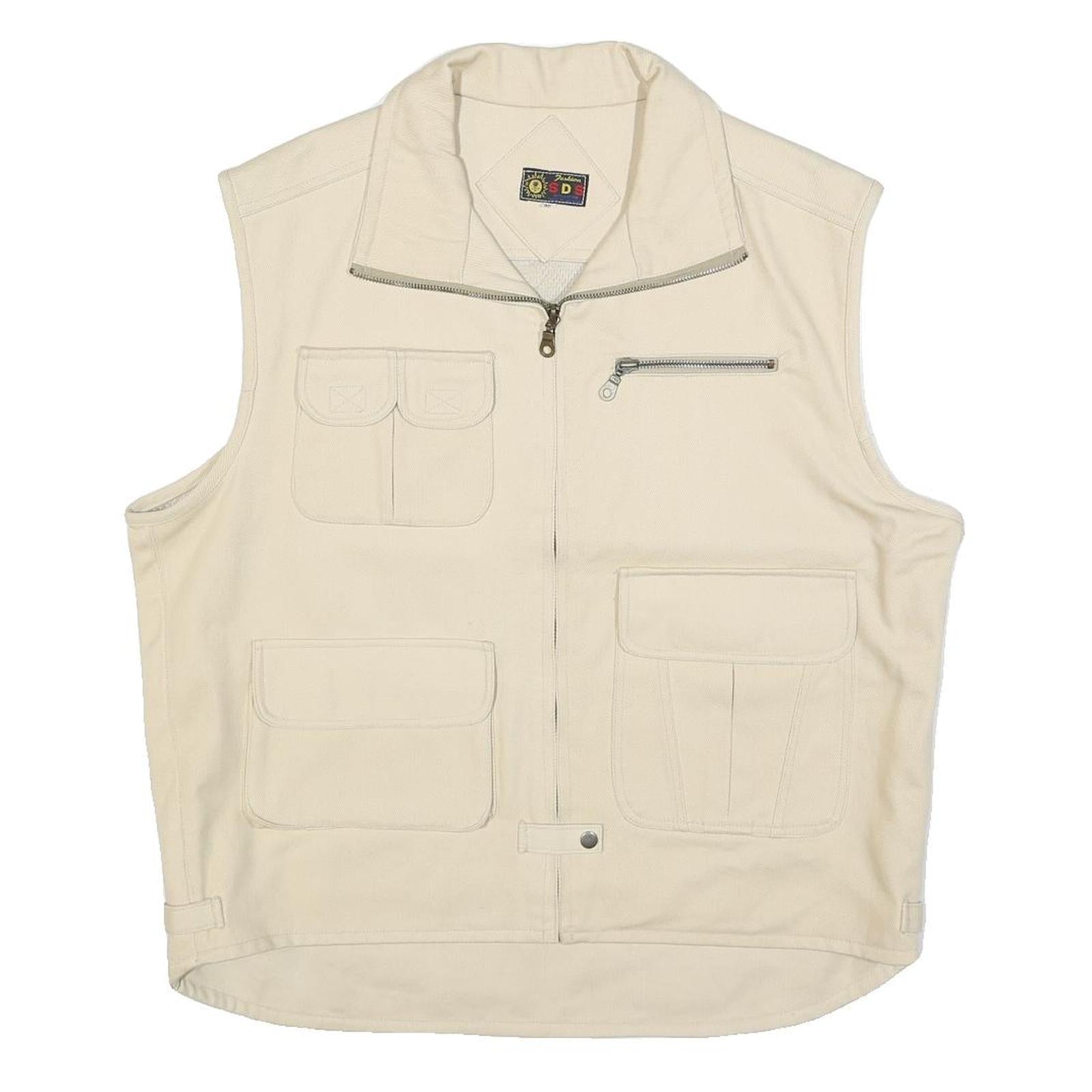 SDS Mens Cream Cotton Waistcoat XL Woven Zip Pocket Utility Outdoor