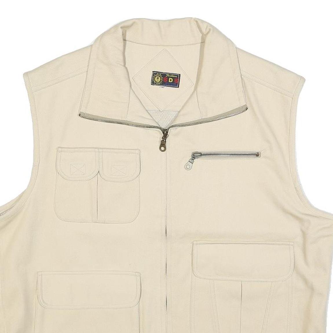 SDS Mens Cream Cotton Waistcoat XL Woven Zip Pocket Utility Outdoor
