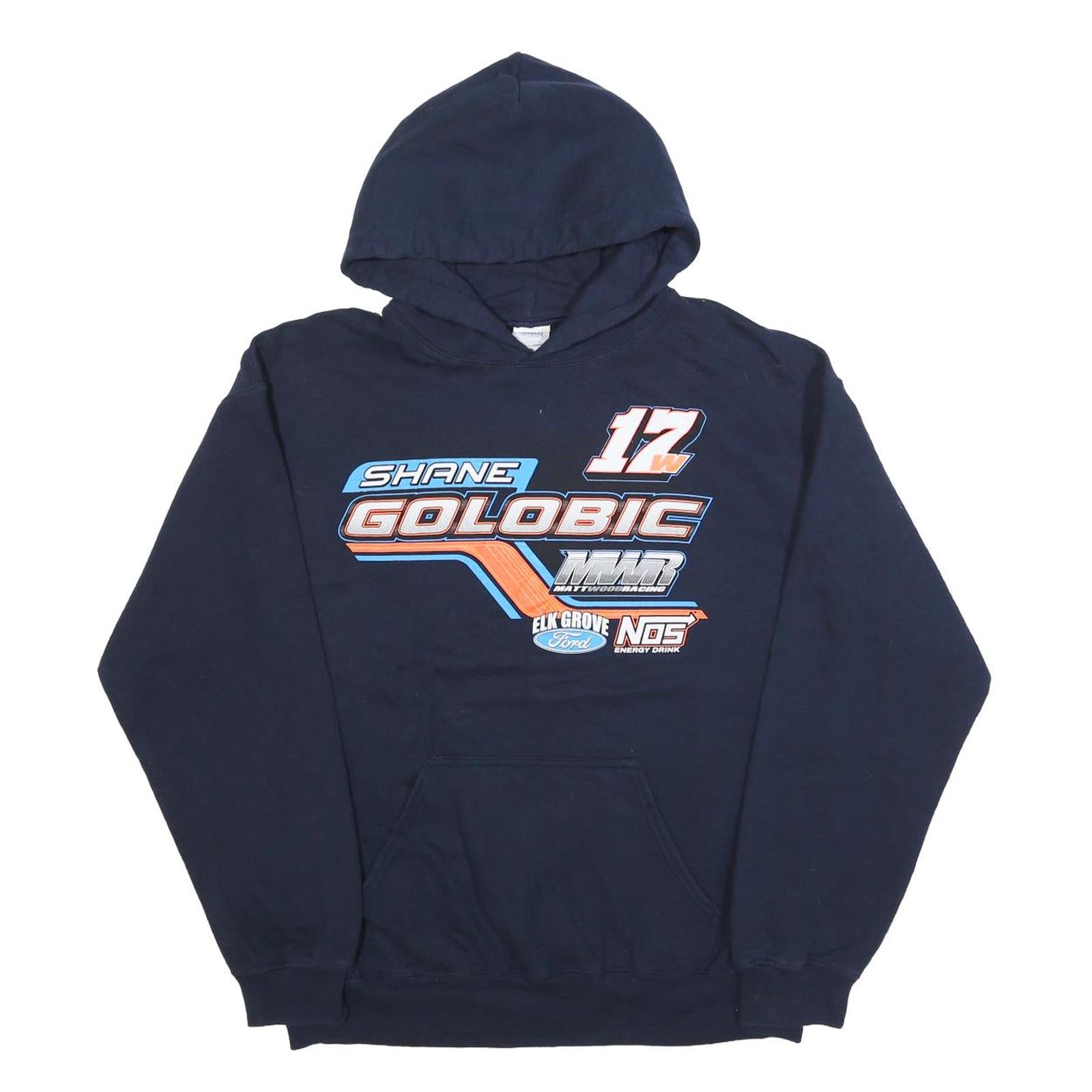 GILDAN Mens Navy Blue Shane Golobic Racing Hoodie M Cotton Blend