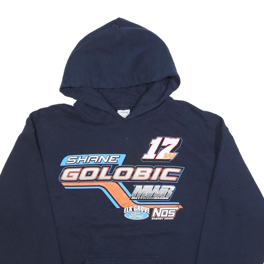 GILDAN Mens Navy Blue Shane Golobic Racing Hoodie M Cotton Blend