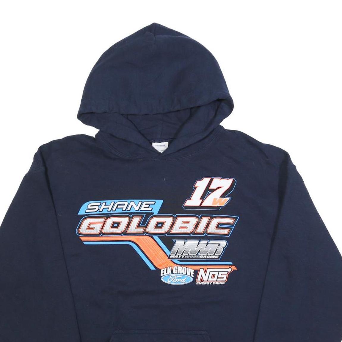 GILDAN Mens Navy Blue Shane Golobic Racing Hoodie M Cotton Blend