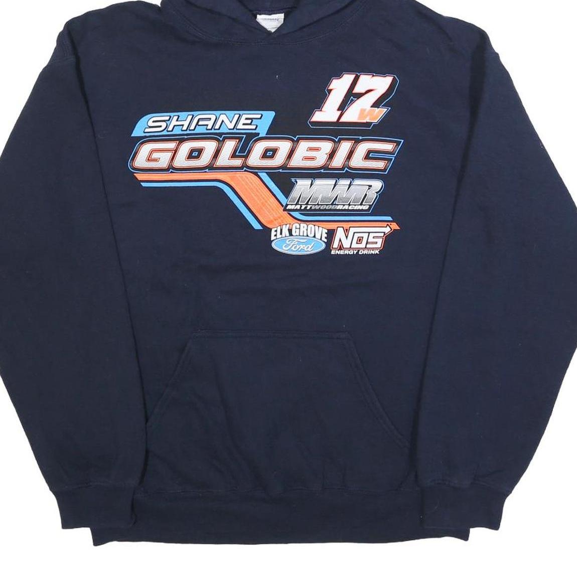 GILDAN Mens Navy Blue Shane Golobic Racing Hoodie M Cotton Blend