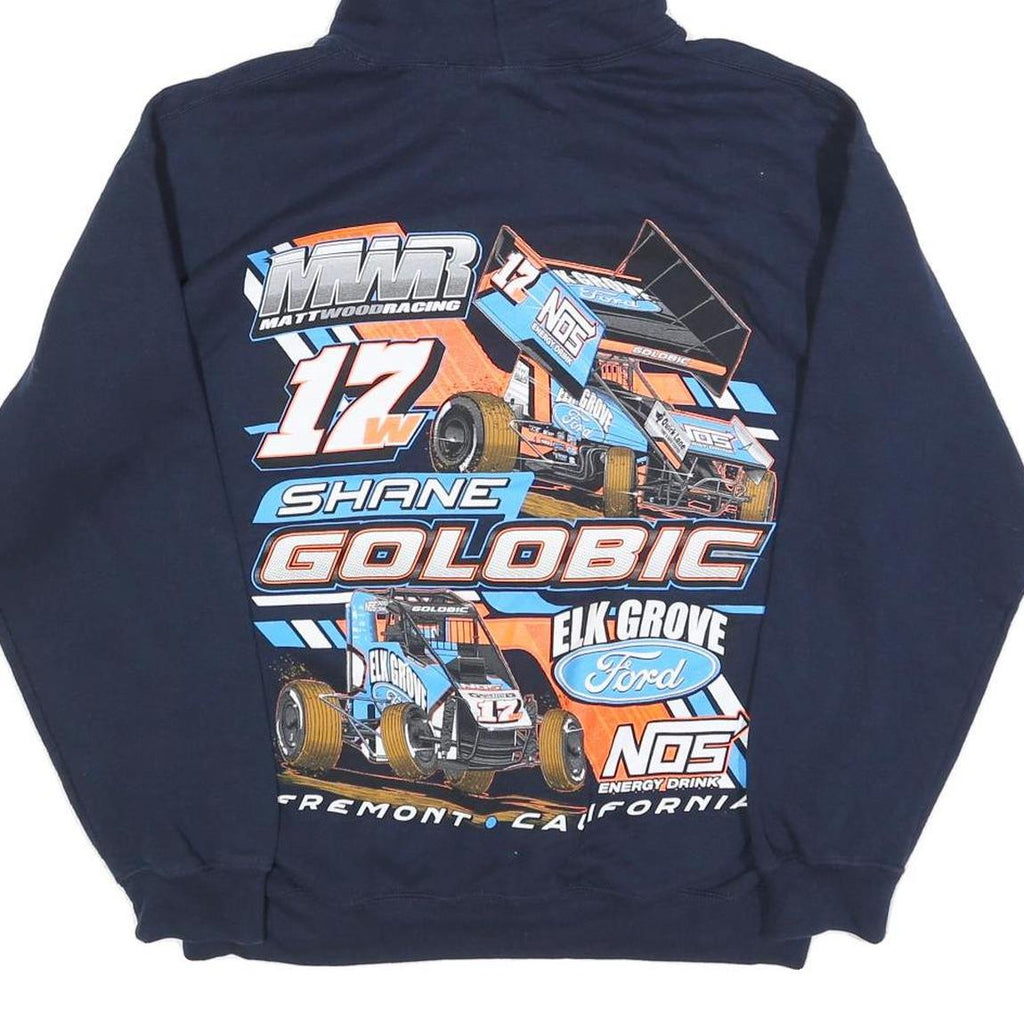 GILDAN Mens Navy Blue Shane Golobic Racing Hoodie M Cotton Blend