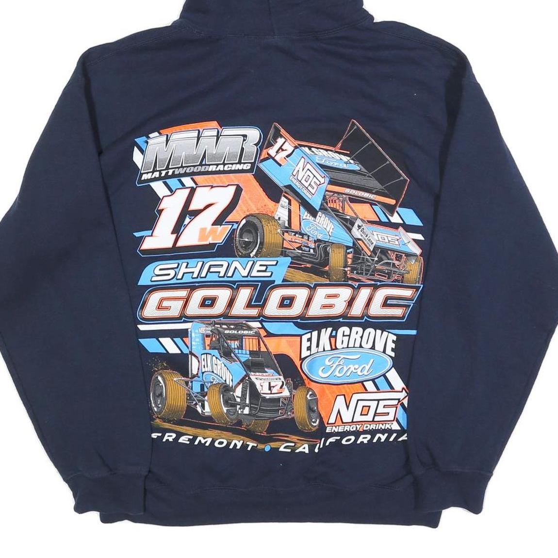 GILDAN Mens Navy Blue Shane Golobic Racing Hoodie M Cotton Blend