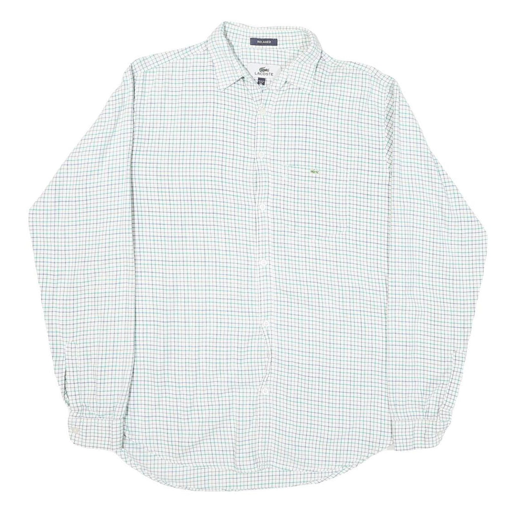 LACOSTE Mens White & Green Checked Cotton Blend Shirt XL Relaxed Fit Casual