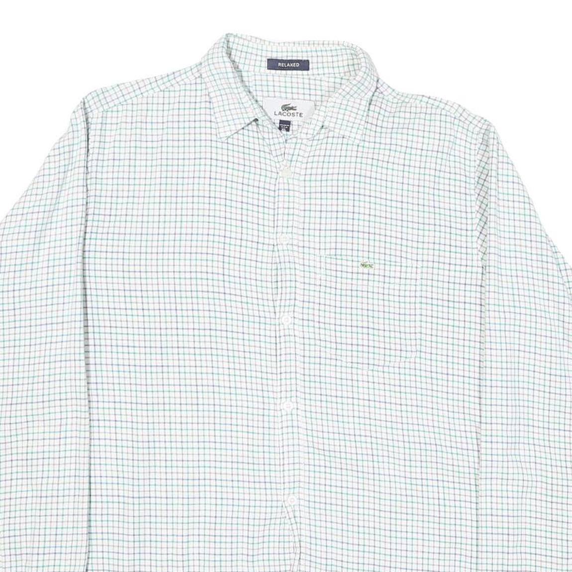 LACOSTE Mens White & Green Checked Cotton Blend Shirt XL Relaxed Fit Casual
