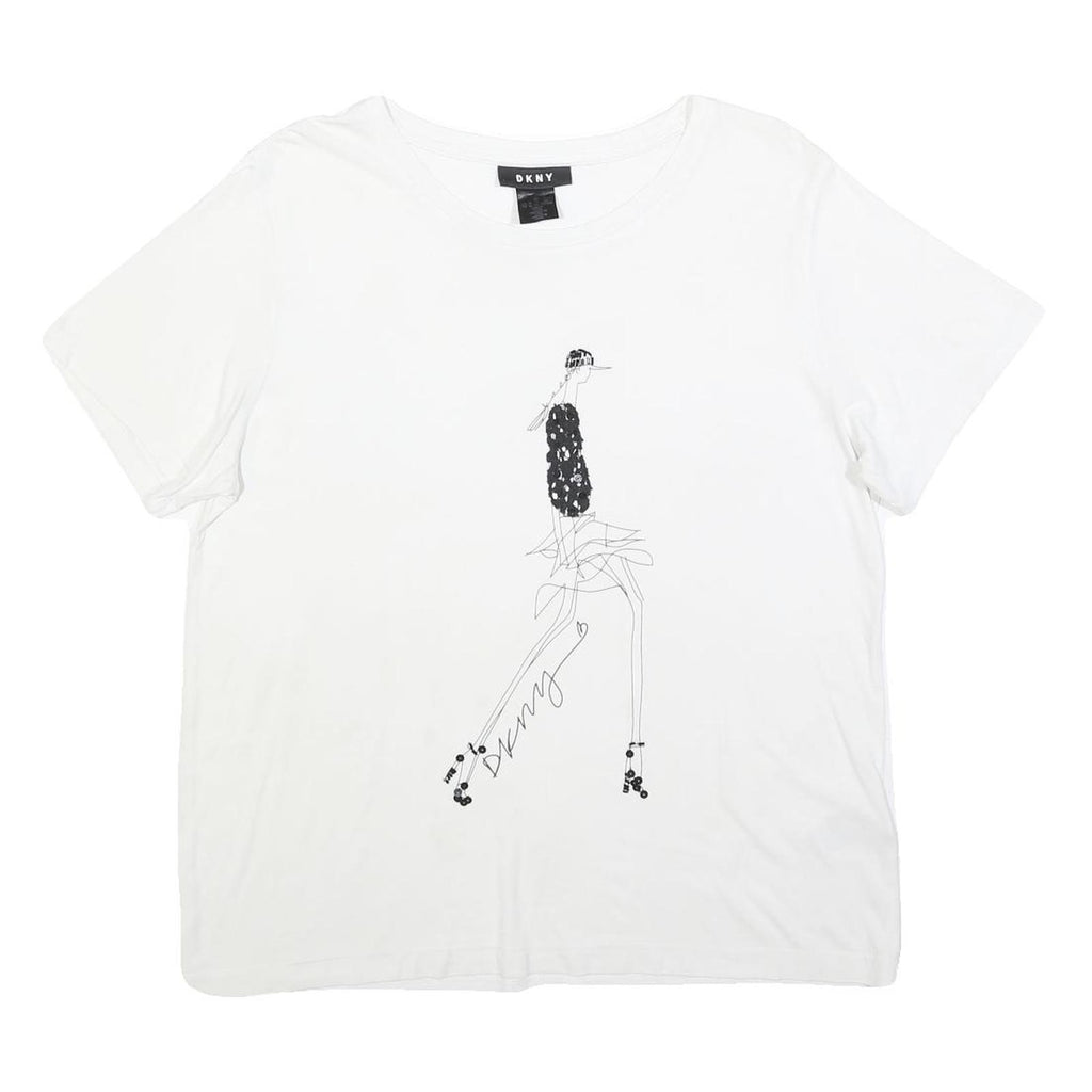 DKNY Womens White Graphic Print Cotton Blend Basic Short Sleeve Crew Neck XL