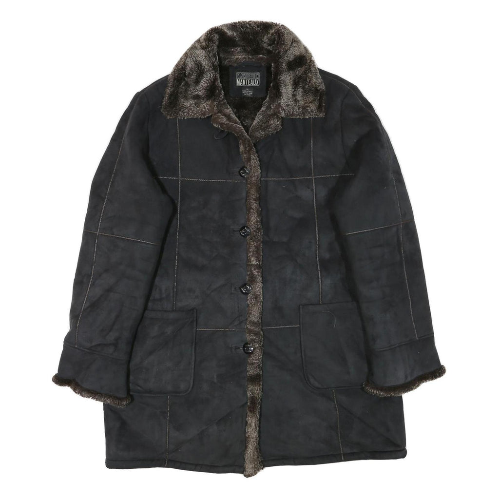 MANTEAUX Womens Black Faux Fur Collar Button Jacket XL Polyester Blend Warm