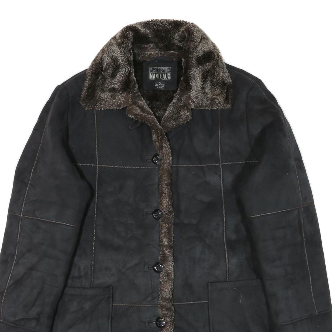 MANTEAUX Womens Black Faux Fur Collar Button Jacket XL Polyester Blend Warm