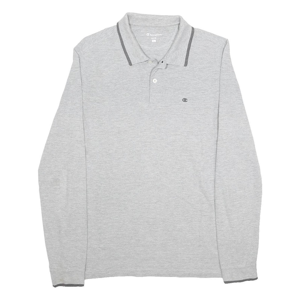 CHAMPION Mens Grey Long Sleeve Plain L Cotton Blend Polo Shirt Casual Layer