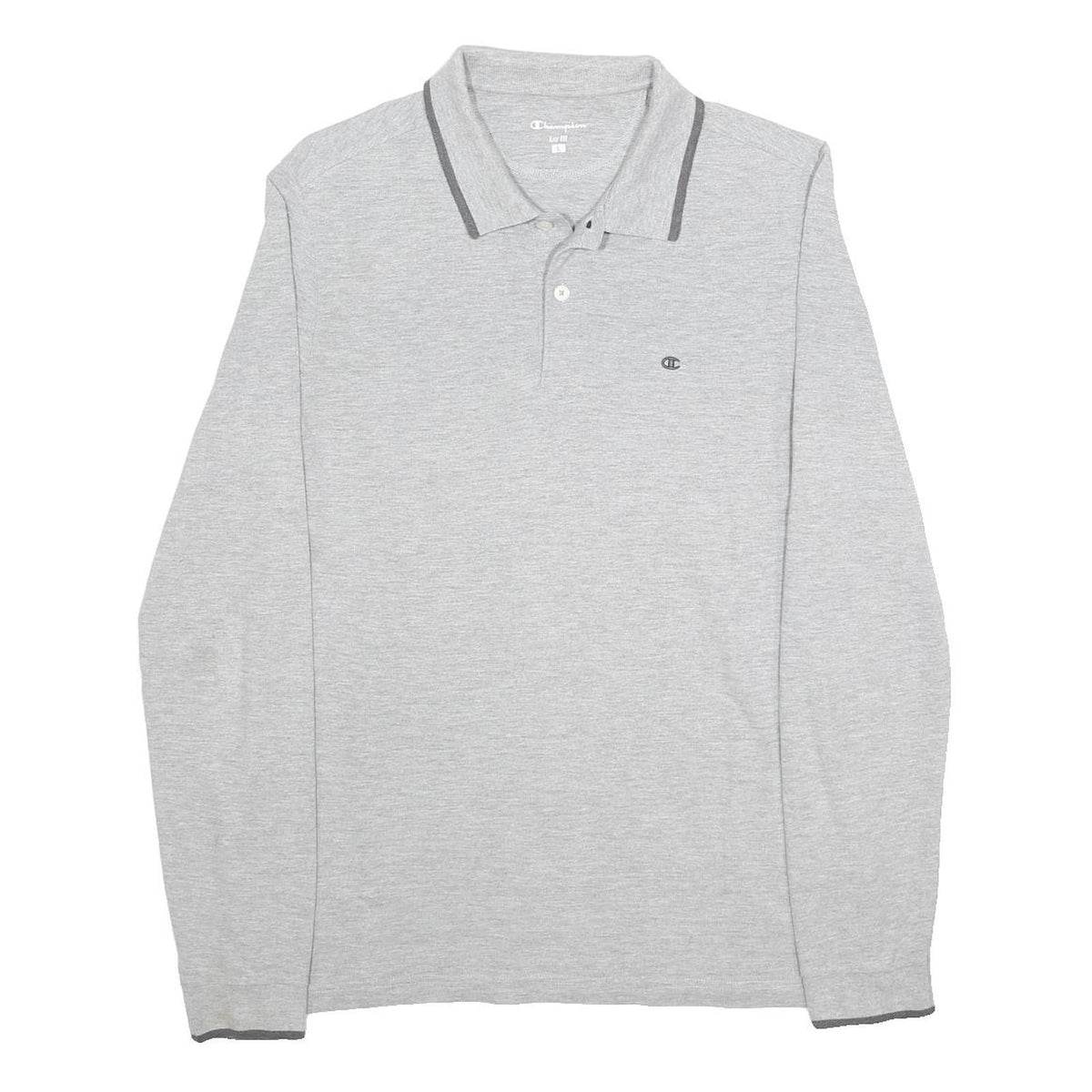 CHAMPION Mens Grey Long Sleeve Plain L Cotton Blend Polo Shirt Casual Layer