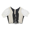 Womens Black & Beige & White Cropped Top Puff Sleeve Round Neck Plain L Cotton
