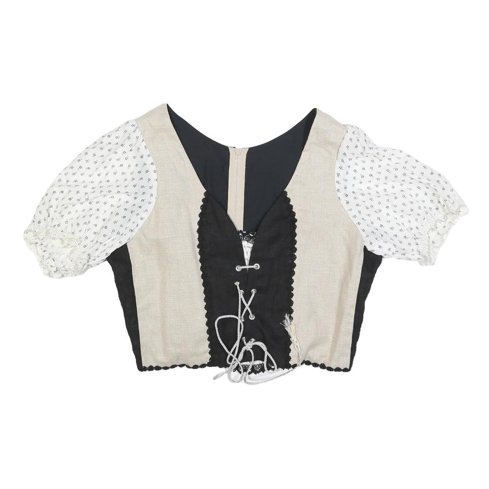 Womens Black & Beige & White Cropped Top Puff Sleeve Round Neck Plain L Cotton