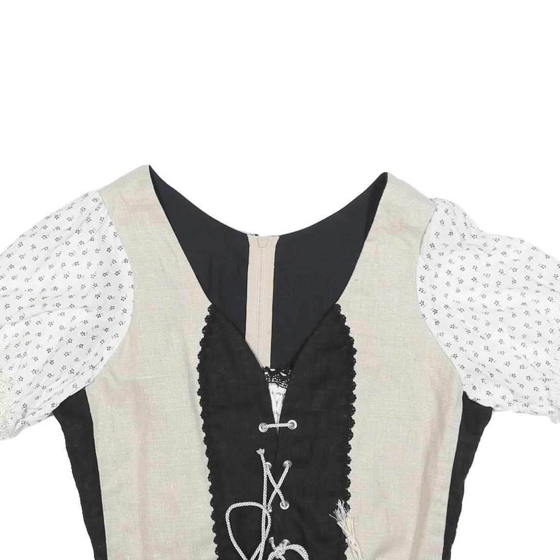 Womens Black & Beige & White Cropped Top Puff Sleeve Round Neck Plain L Cotton