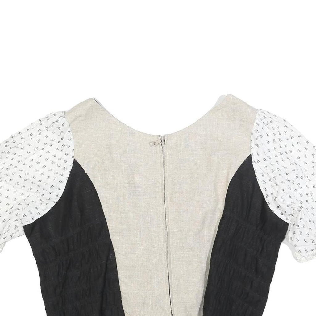 Womens Black & Beige & White Cropped Top Puff Sleeve Round Neck Plain L Cotton