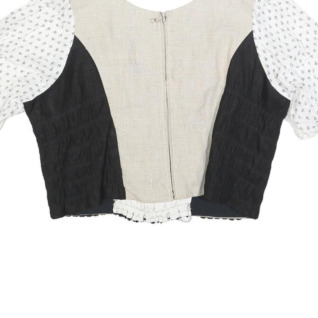 Womens Black & Beige & White Cropped Top Puff Sleeve Round Neck Plain L Cotton