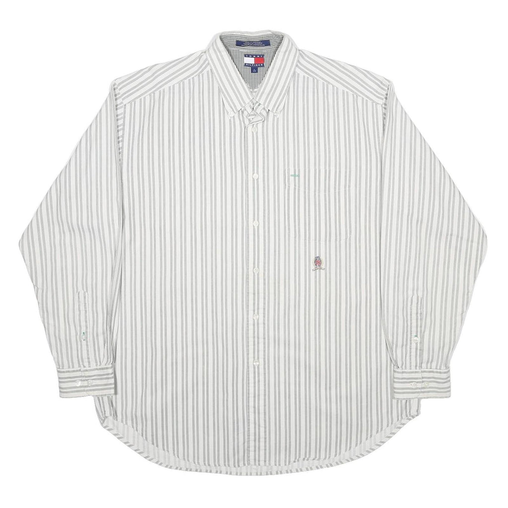 TOMMY HILFIGER Mens White & Grey Striped Cotton Shirt L Classic Fit Button-Down