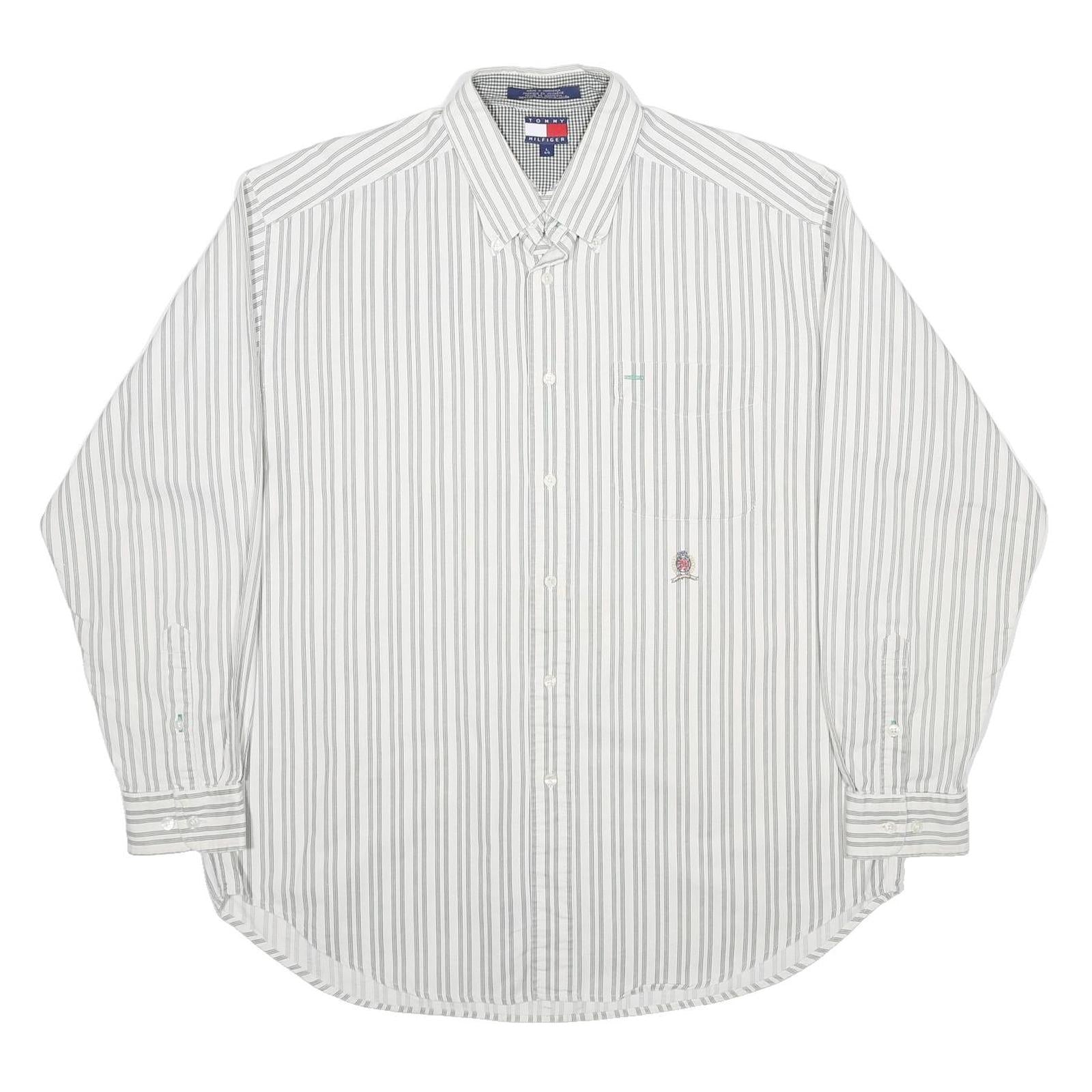 TOMMY HILFIGER Mens White & Grey Striped Cotton Shirt L Classic Fit Button-Down