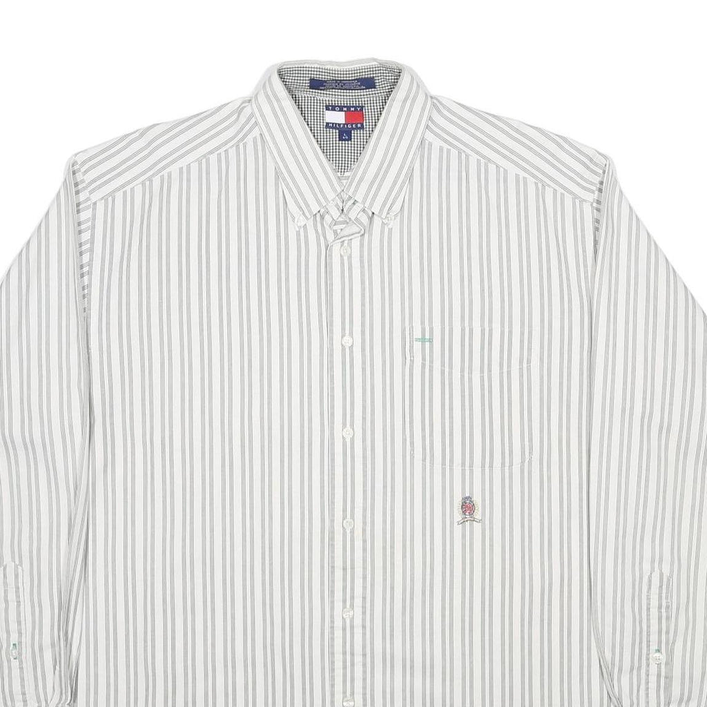 TOMMY HILFIGER Mens White & Grey Striped Cotton Shirt L Classic Fit Button-Down