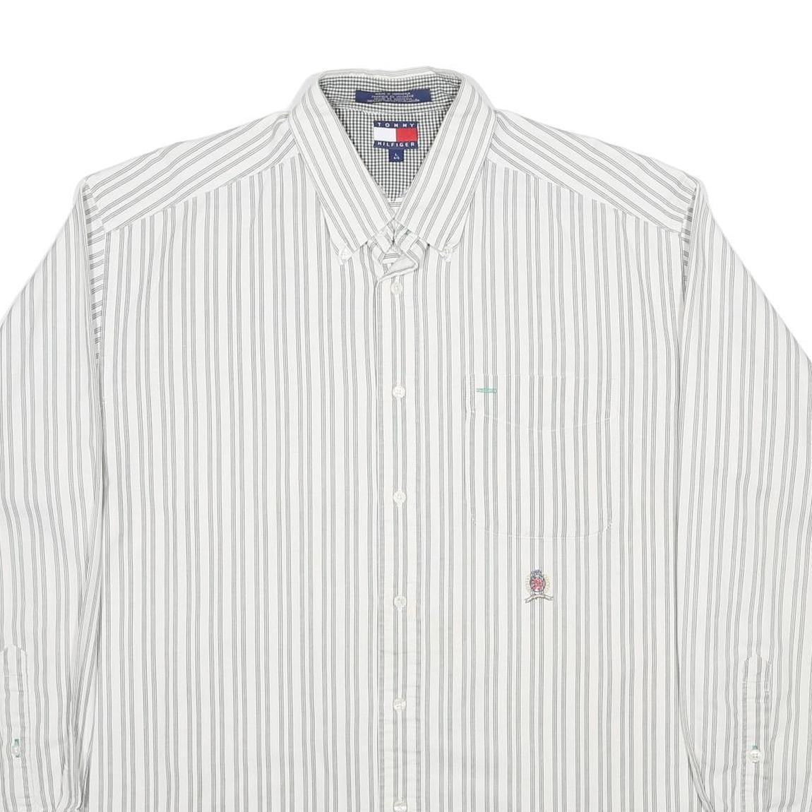 TOMMY HILFIGER Mens White & Grey Striped Cotton Shirt L Classic Fit Button-Down