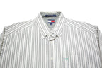 TOMMY HILFIGER Mens White & Grey Striped Cotton Shirt L Classic Fit Button-Down