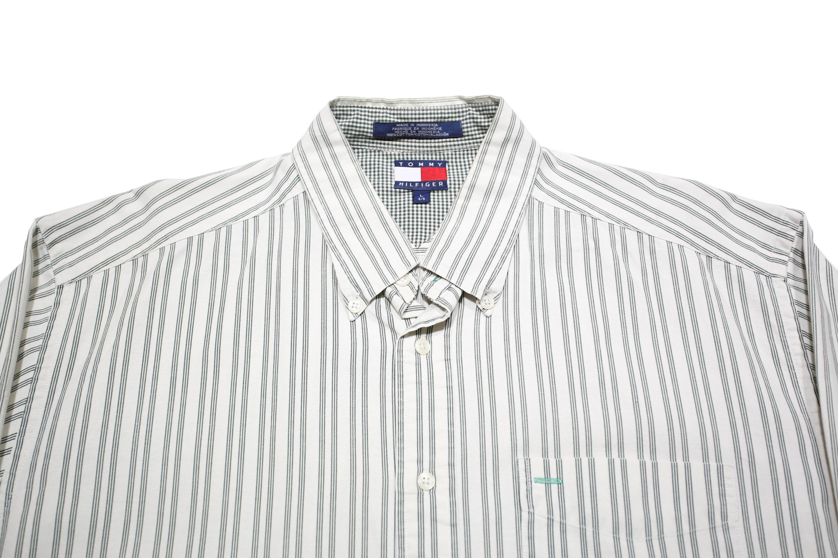 TOMMY HILFIGER Mens White & Grey Striped Cotton Shirt L Classic Fit Button-Down