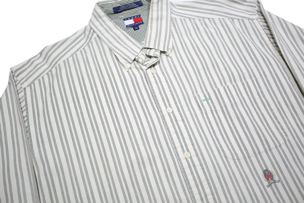 TOMMY HILFIGER Mens White & Grey Striped Cotton Shirt L Classic Fit Button-Down