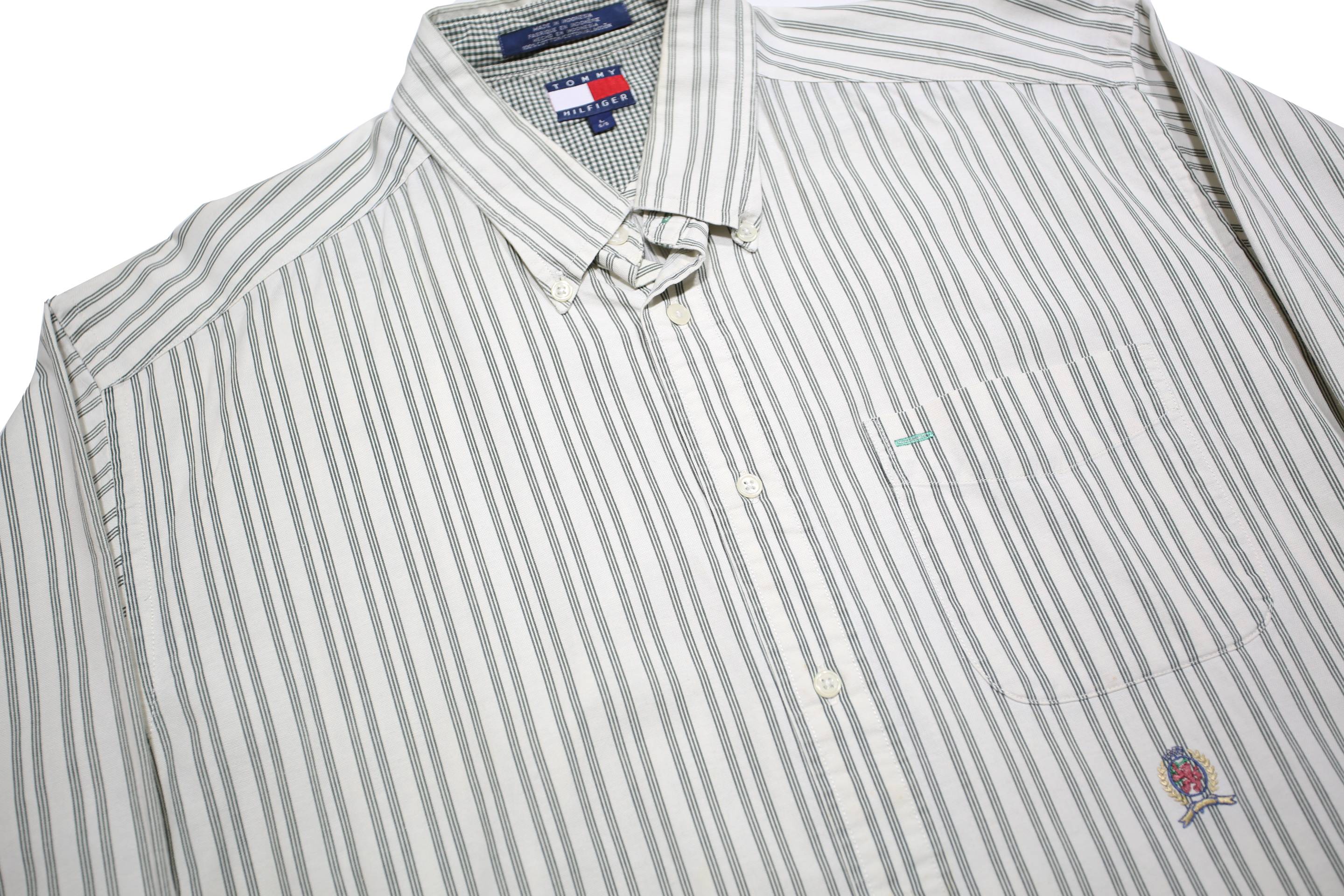 TOMMY HILFIGER Mens White & Grey Striped Cotton Shirt L Classic Fit Button-Down
