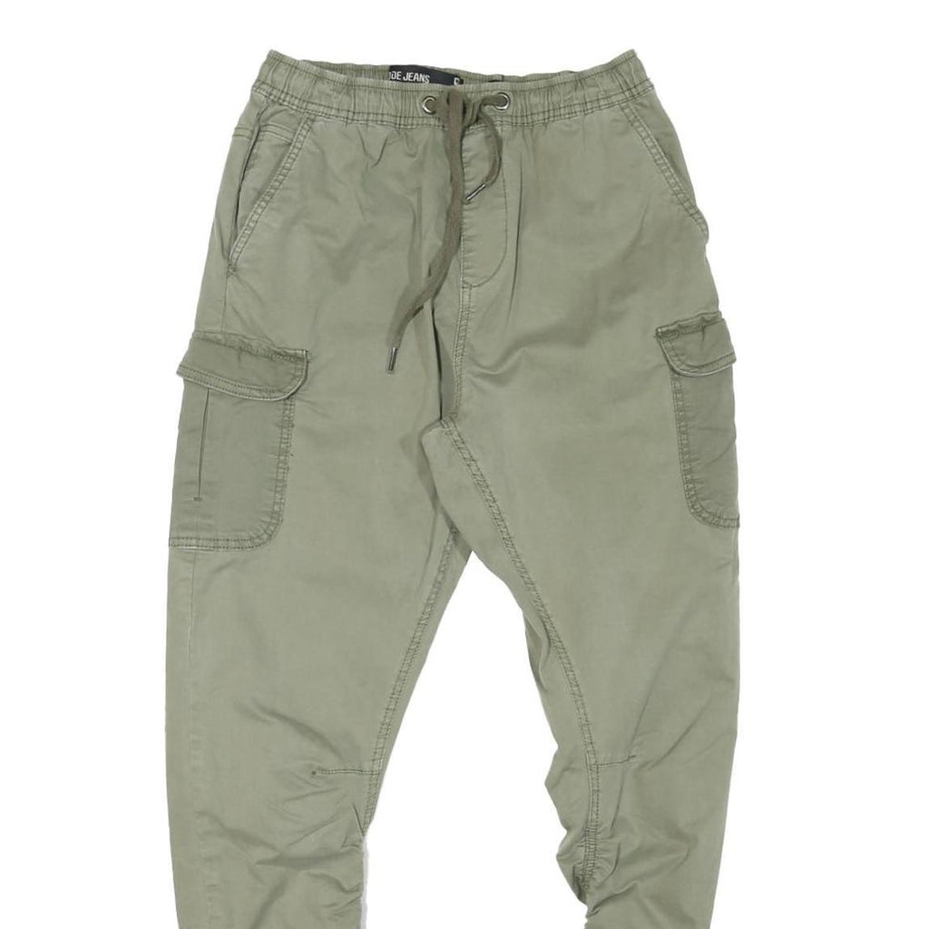 INDICODE Mens Cotton Blend Khaki Slim Cargo Trousers W24 L24 Drawstring Waist