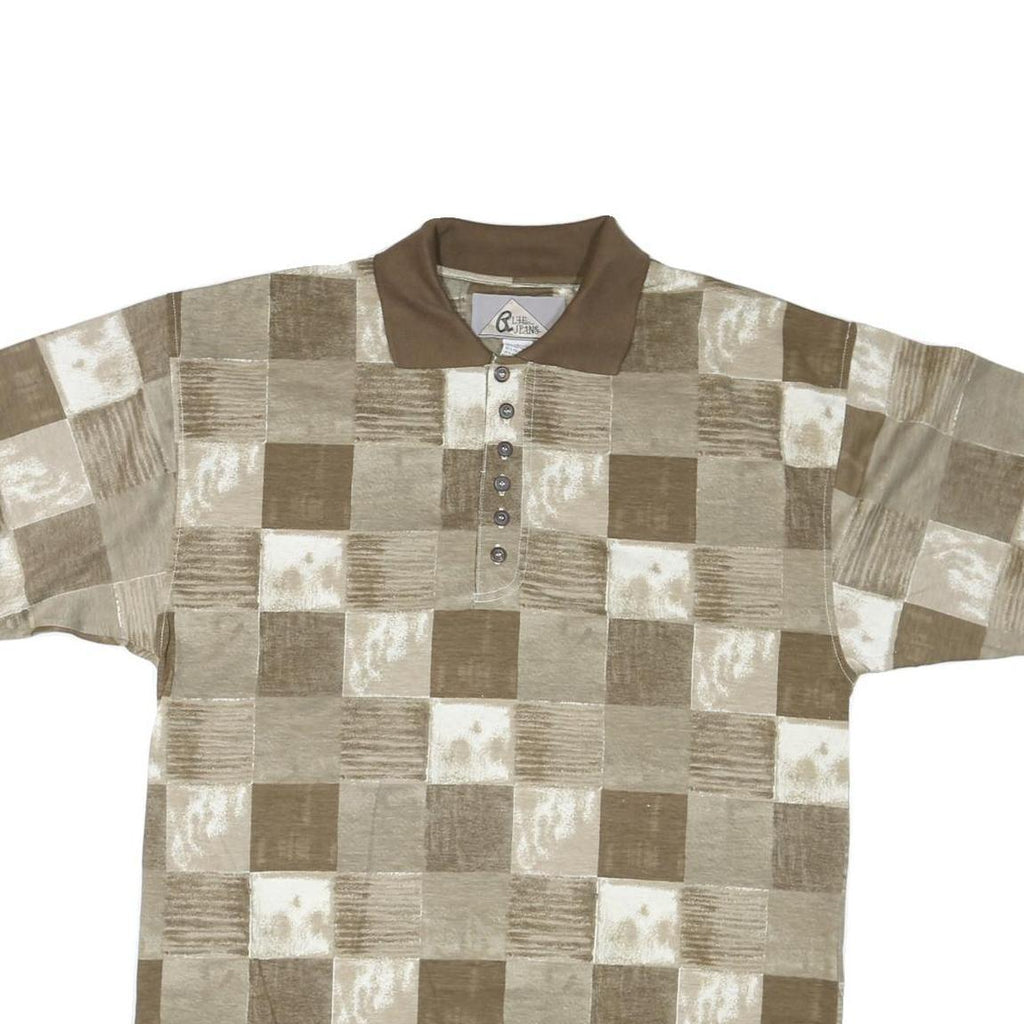 BLUE JEANS Mens Beige & Brown Check Short Sleeve Polo Shirt L Cotton Blend
