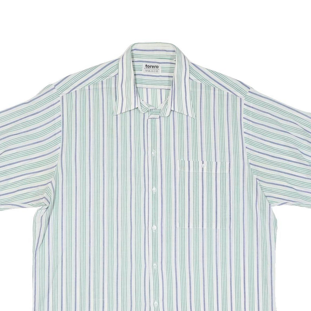 Mens Blue Green White Stripe Cotton Blend Shirt L Casual Summer Short Sleeve