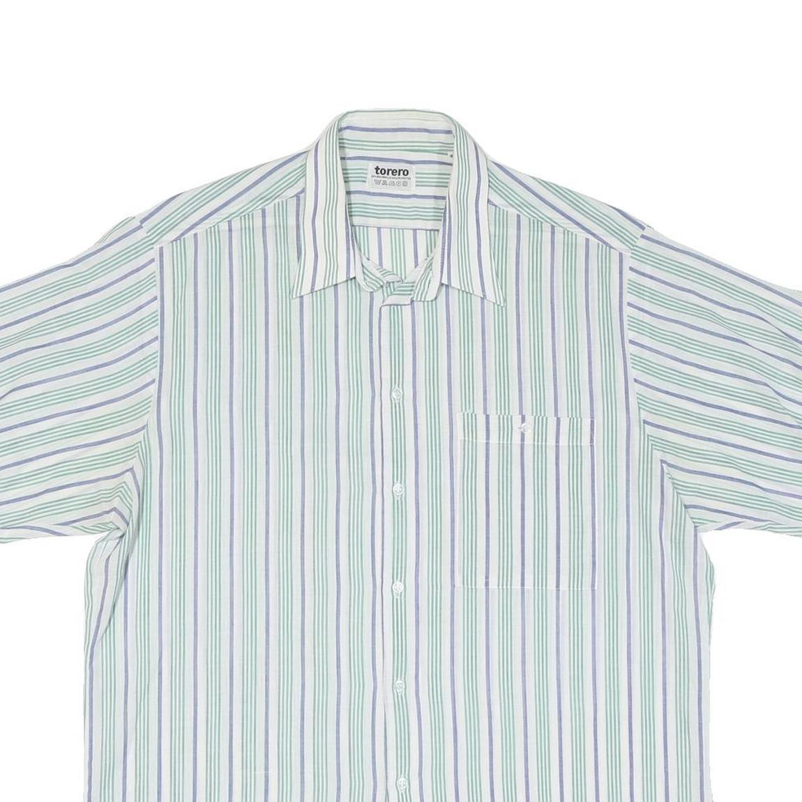 Mens Blue Green White Stripe Cotton Blend Shirt L Casual Summer Short Sleeve