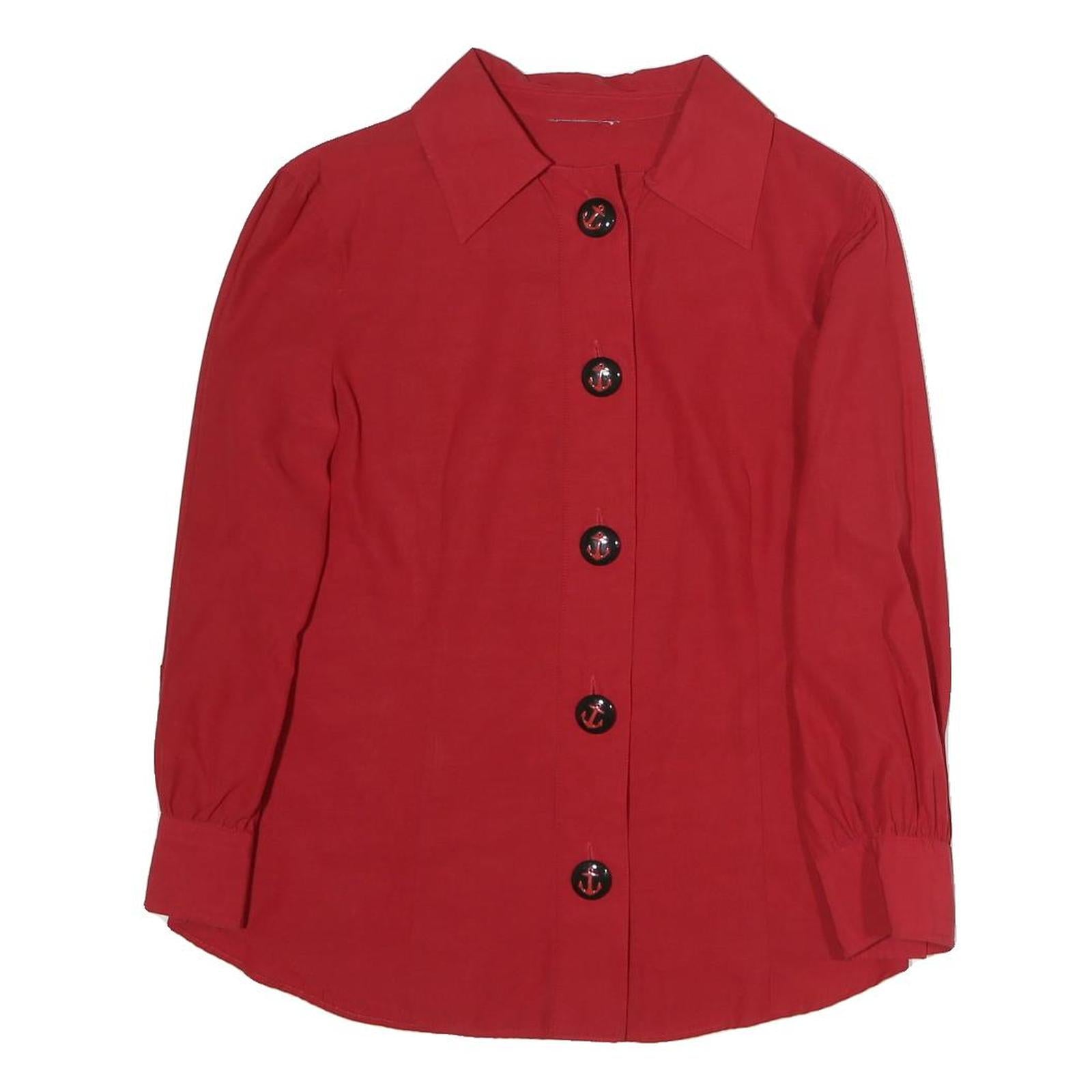Womens Red Basic Shirt Long Sleeve Collared Plain M Button Detail