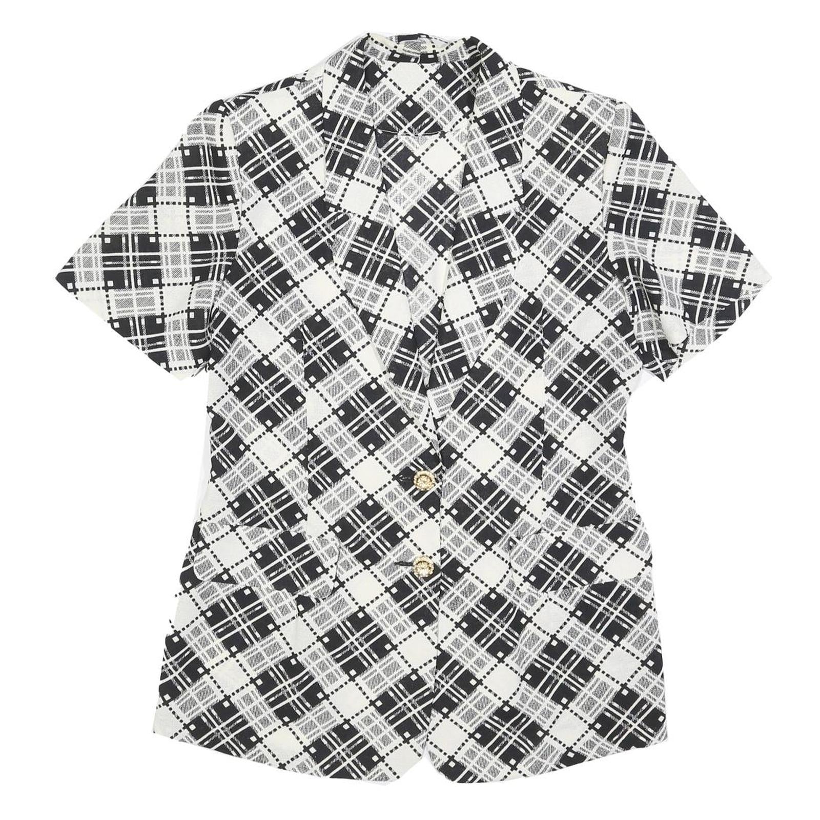 Womens Black & White Button Jacket M Woven Check Short Sleeve Classic Fit